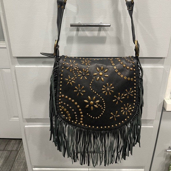 ISABELLA FIORE BLACK LEATHER BRASS STUDDED HOBO BAG FRINGE